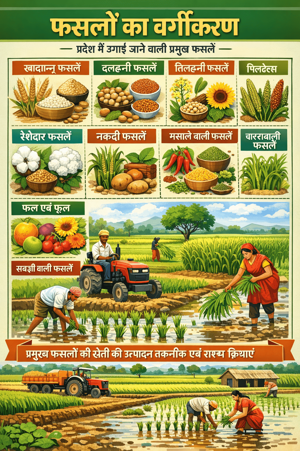 फसलों का वर्गीकरण, प्रदेश में उगाई जाने वाली प्रमुख खाद्यान्न, दलहनी, तिलहनी,
मिलेट्स, रेशेदार, नकदी फसलें, मसालें एवं चारावाली फसलें, फल, फूल एवं सब्जी
तथा प्रमुख फसलों की खेती की उत्पादन तकनीक एवं शस्य क्रियाएं।